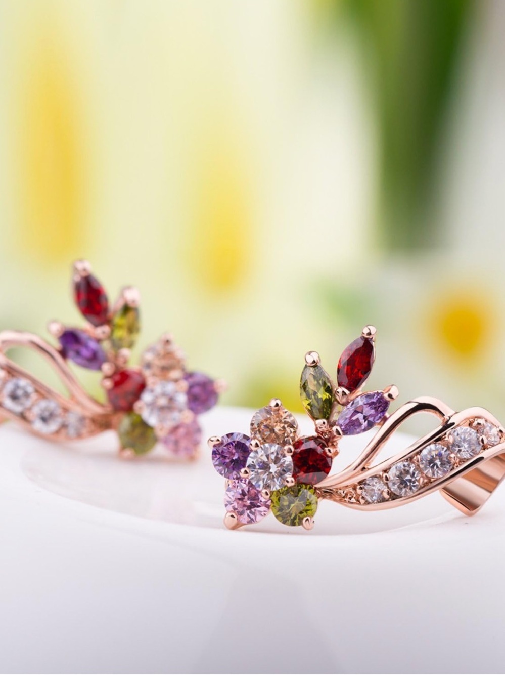 Multicolor Floral Rose Gold Earrings - Elegant Women Jewelry - Picture 4 of 6